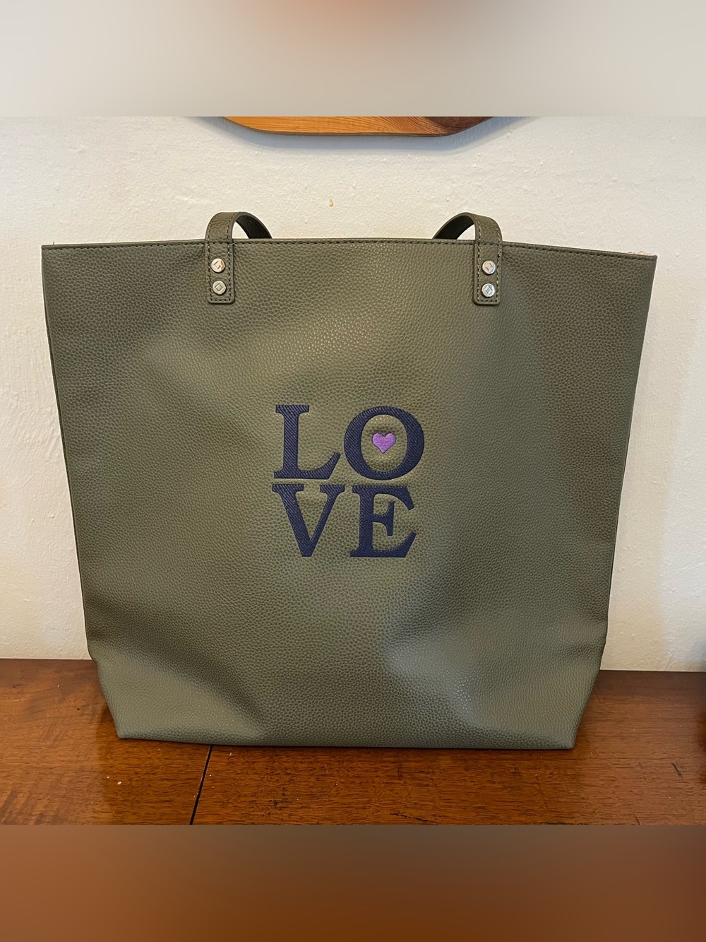 Thirty-One 31 Around Town Tote Ooh-La-La Olive pebble with "Love" embroidery